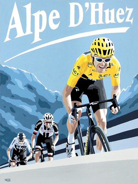 Geraint on Alpe D'Huez 2018, painting by Simon Taylor