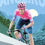 Hugh Carthy on the Angliru, gouache on paper 36 x 48cm by Simon Taylor